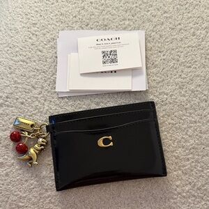 Coach Black Patent Leather Card Case with Gold Charm Accents